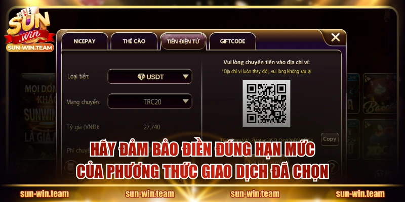 Hãy đảm bảo điền đúng hạn mức của phương thức giao dịch đã chọn