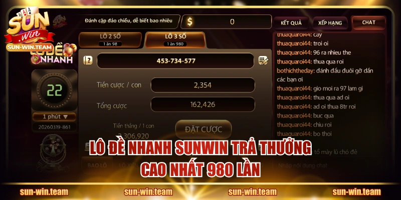 Lô đề nhanh SUNWIN trả thưởng cao nhất 980 lần