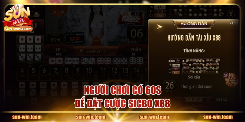 Người chơi có 60s để đặt cược Sicbo x88