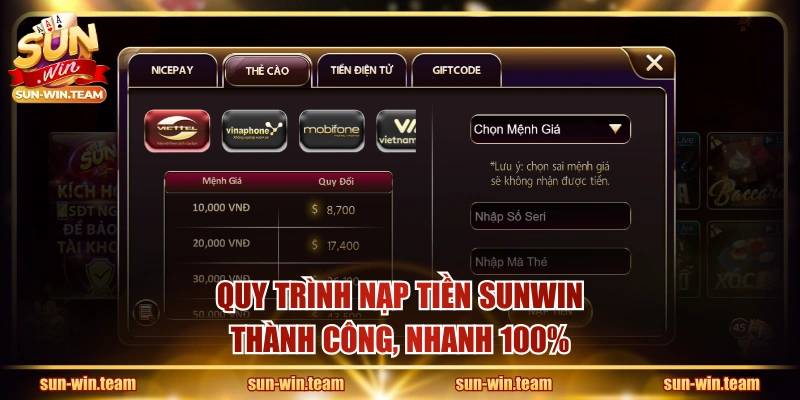 Quy trình nạp tiền SUNWIN thành công, nhanh 100%
