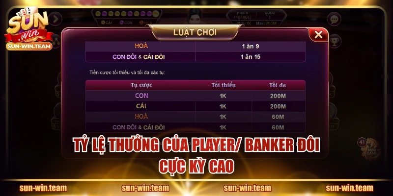 Tỷ lệ thưởng của Player/ Banker Đôi cực kỳ cao